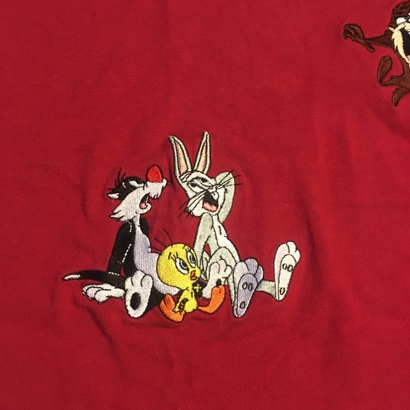Vtg 90s Warner Bros Looney Tunes Pocket Tee Taz Bugs Red L - Picture 4 of 9